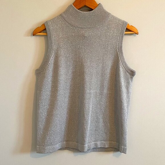 Vintage 90s Sparkling Knit Turtleneck Sleeveless Sweater Grey/Silver Metallic - Picture 2 of 8